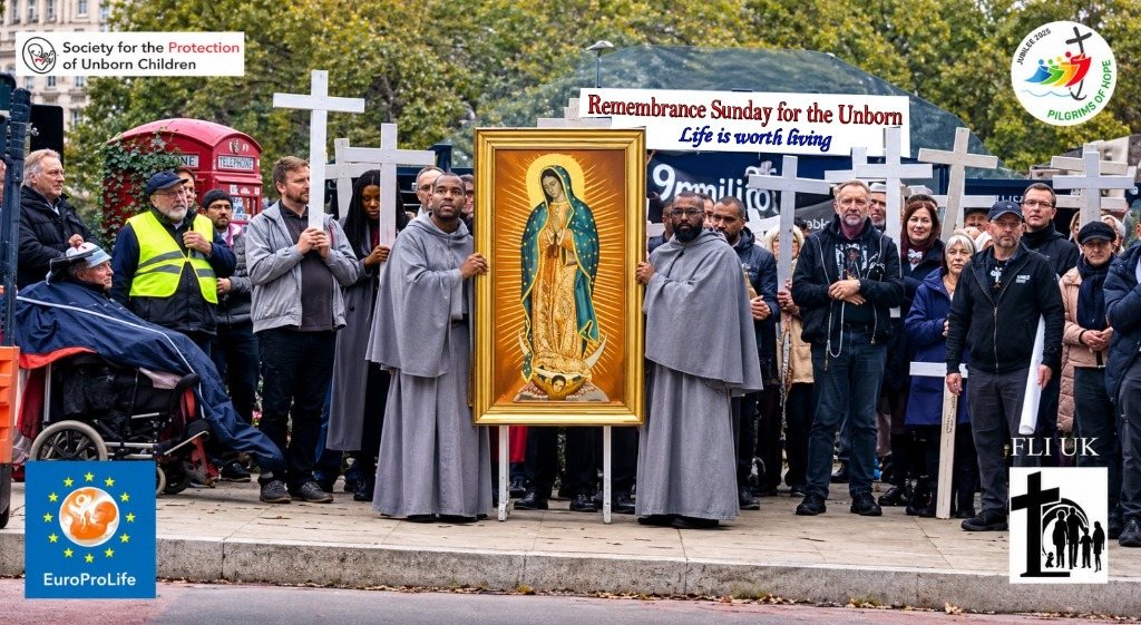 Remembrance Sunday for the Unborn Procession in London with Our Lady of Guadalupe and White Crosses